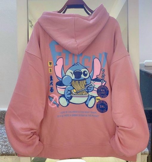 Áo hoodie in hình Stitch ăn mì vải thun nỉ