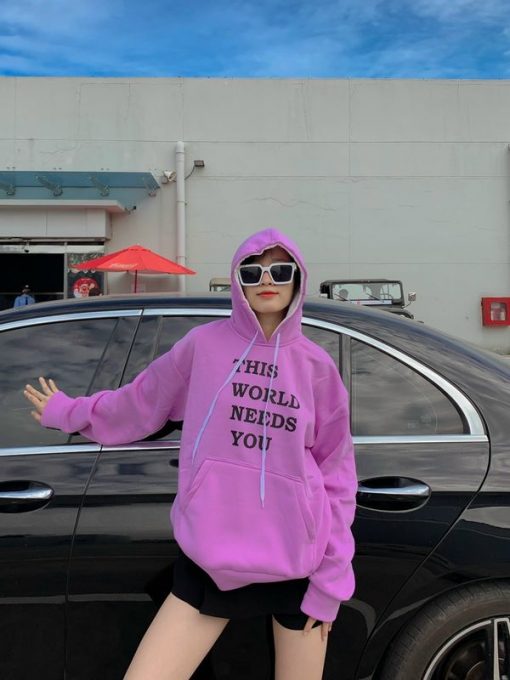 Áo hoodie nữ chất liệu vải nỉ nhập ngoại cao cấp in chữ This World Needs You