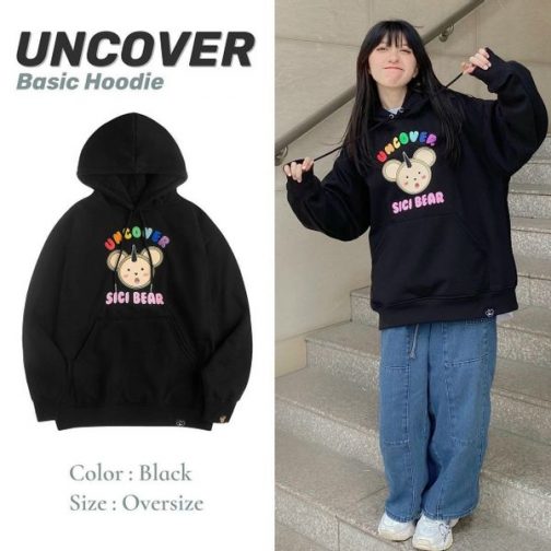 Áo hoodie in chữ UNCOVER hình chú gấu dễ thương trẻ trung